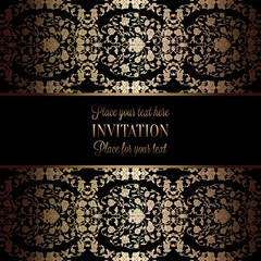 Vintage baroque Wedding Invitation template with damask background. Tradition decoration for wedding. Vector illustration in black and gold