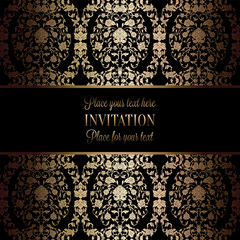Vintage baroque Wedding Invitation template with damask background. Tradition decoration for wedding. Vector illustration in black and gold