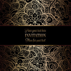 Vintage baroque Wedding Invitation template with damask background. Tradition decoration for wedding. Vector illustration in black and gold