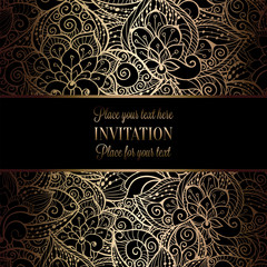 Vintage baroque Wedding Invitation template with damask background. Tradition decoration for wedding. Vector illustration in black and gold