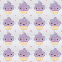 Knitted seamless pattern with cupcakes on white polka dot background. Vector illustration.