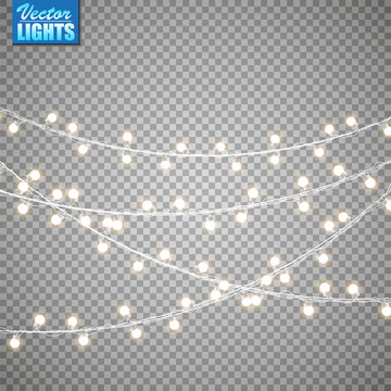 Christmas lights isolated on transparent background. Set of golden xmas glowing garland. Vector illustration
