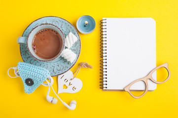 Empty notebook, hot cocoa