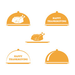 Vector set of thanksgiving turkey and happy thanksgiving text logotype. Concept of yummy dinner or catering. Roasted Chicken