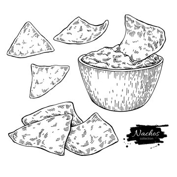 Nachos drawing. Traditional mexican food vector illustration.