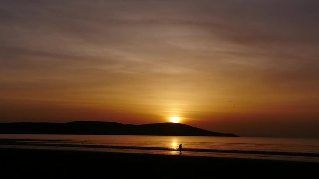 Silhouette of Person Walking on Beach at Sunset, Golden Reflection in Sea