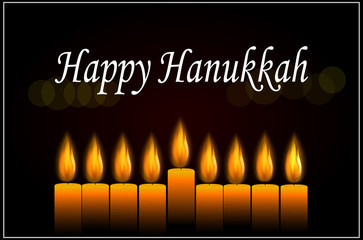 eps 10 vector Happy Hanukkah greeting card design illustration for web, print, design. Jewish religious holiday, Festival of Lights, Feast of Dedication. Eight burning candles with bokeh effect
