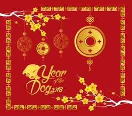 Obraz na płótnie Canvas Happy Chinese new year 2018 card, Gold coin, year of the dog