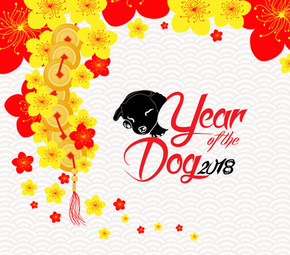 Oriental Chinese New Year background with blossom. Year of the dog
