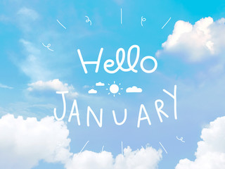 Hello January word on blue sky and cloud cute doodle style