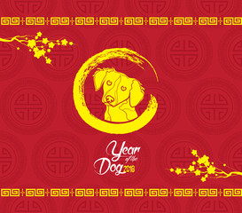 Chinese new year 2018. Cherry blossom and dog