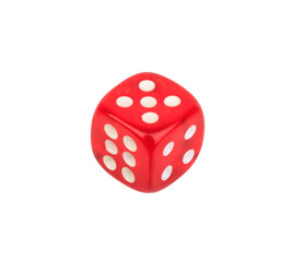 red dice with number five on the top on white background