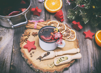 mulled wine in an iron mug and ingredients