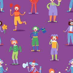 Cartoon clown character funny circus man clownery colorful friendly costume male clownish artist vector illustration seamless pattern background