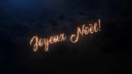 Merry Christmas greeting text in French with particles and sparks on black night sky with colored fireworks on background, beautiful typography magic design.