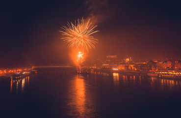 New Year Celebration. Fireworks on Danube River in Bratisalva, Slovakia