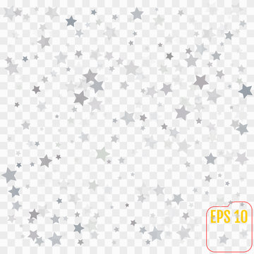 Abstract pattern of random falling silver stars on transparent  background. Elegant pattern for banner, greeting card, Christmas and New Year card, invitation, postcard, paper packaging. Vector