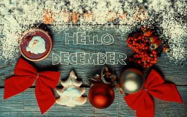 hello december, welcome winter greeting card frame of Winter and Christmas decor toned grunge image 
