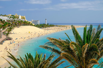 View on a famous beach in Morro Jable, Fuerteventura; Spain.