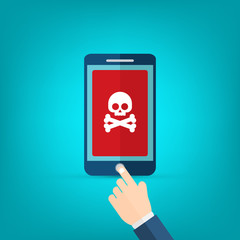 Malware notification on smartphone vector, flat style mobile phone with skull bones bubble speech red alert, concept of spam data, fraud internet error message, insecure connection, online scam, virus