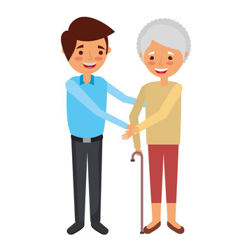 older woman grandma with young man holding hands vector illustration