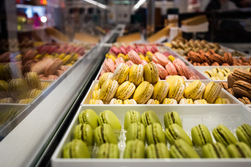 Macaroons Colorful traditional french sweets macarons in a shop