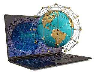 Globe and laptop on white background.3D illustration.