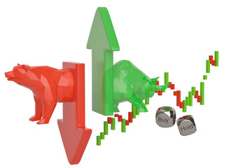 Stock trading corporate bear and bull with arrow. 3D illustration.