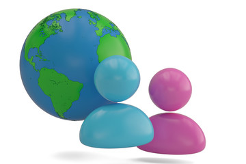 Two persons with globe white background.3D illustration