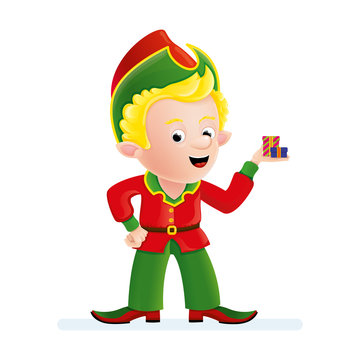 Christmas character. A elf with a gift. Assistant to Santa Claus. Vector.