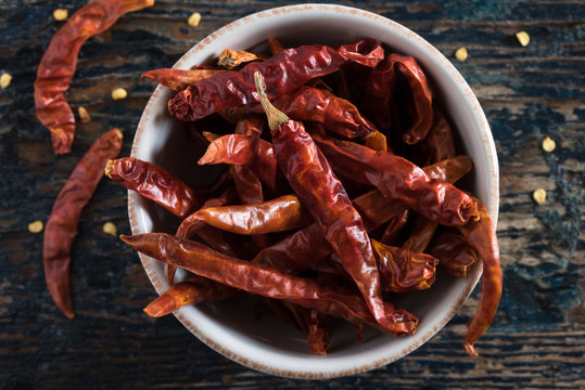 Dried Red Chili Peppers in a Bowl
