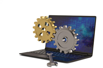 Laptop and gears on white background. 3D illustration.