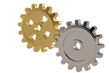 Steel gear and gold gear on white background. 3D illustration.