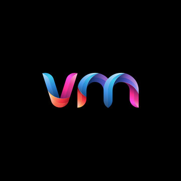 Initial lowercase letter vm, curve rounded logo, gradient vibrant colorful glossy colors on black background