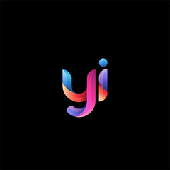Initial lowercase letter yi, curve rounded logo, gradient vibrant colorful glossy colors on black background