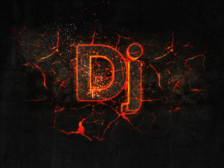 Dj Fire text flame burning hot lava explosion background.