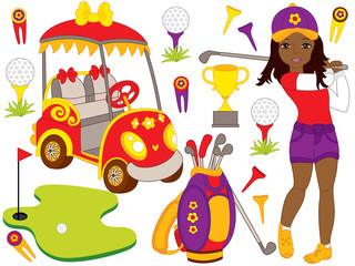 Vector Set with Beautiful Young African American Girl Playing Golf and Golf Accessories
