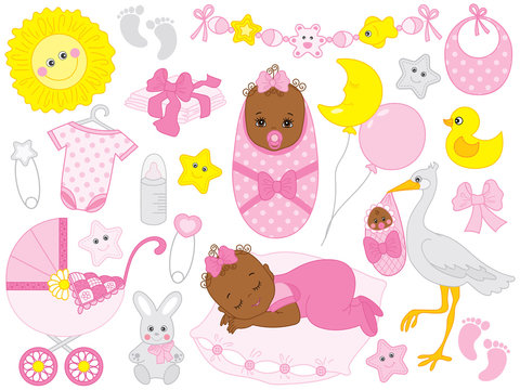 Vector Set with African American Baby Girl, Stork, Toys and Accessories