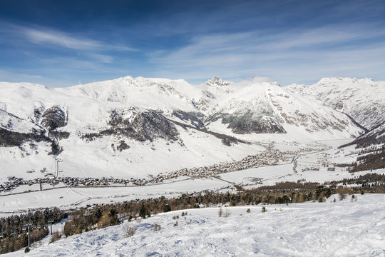 Alpine Ski Resort And Ski Slopes in Winter Season, Livigno, Italy