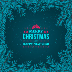 Fir branches frame on the dark blue background. New Year 2018 and Merry Christmas typographical vintage badge on the dark background with snow. Fir branches border. Vector Illustration.