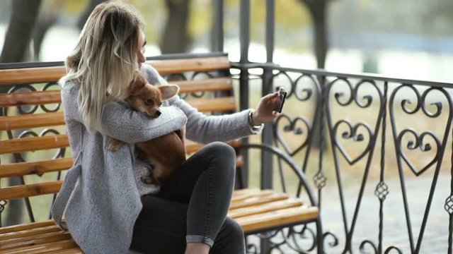 young beautiful Woman does selfie in the park with her funny long-haired chihuahua dog. Autumn background 