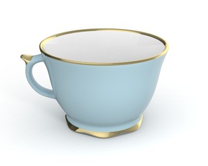 Isolated antique porcelain cup with gold on white background. 3D Illustration.