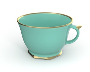 Isolated antique porcelain cup with gold on white background. 3D Illustration.