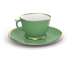Isolated antique porcelain cup with gold on white background. 3D Illustration.