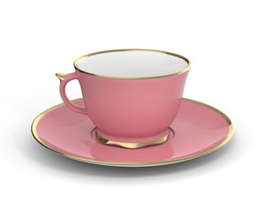 Isolated antique porcelain cup with gold on white background. 3D Illustration.