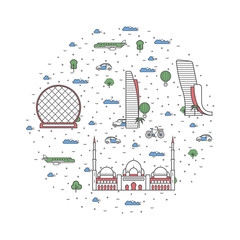 UAE travel poster with national architectural attractions. Historic emirates famous landmarks and traditional symbols on white background. Touristic advertising vector layout in trendy linear style.