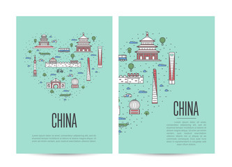 China travel tour booklet set with famous architectural attractions. Touristic advertising vector layout for travel agency, asian tourism. Chinese landmarks and traditional symbols in linear style.