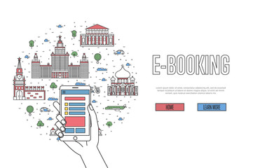 E-booking poster with moscow famous architectural landmarks in linear style. Online tickets ordering, mobile payment vector with smartphone in hand. Russia traveling, moscow historic attractions