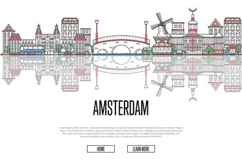 Travel Amsterdam poster with famous architectural attractions in linear style. Netherlands country traveling concept. Amsterdam historic landmarks, city skyline, european tourism vector background