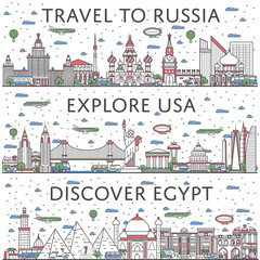 Worldwide traveling posters with egyptian, russian and american city panoramas in linear style. Touristic tour advertising, famous world architectural attractions. Global tourism and journey concept.